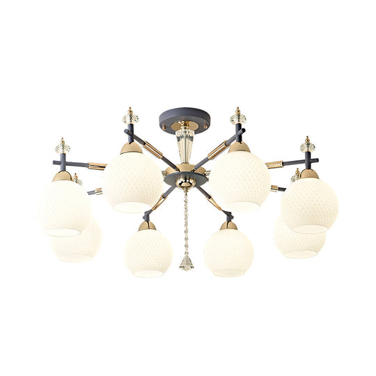 Modern Grey Pendant Chandelier With Milk Glass Shades - 8 Bulb Living Room Lighting Fixture