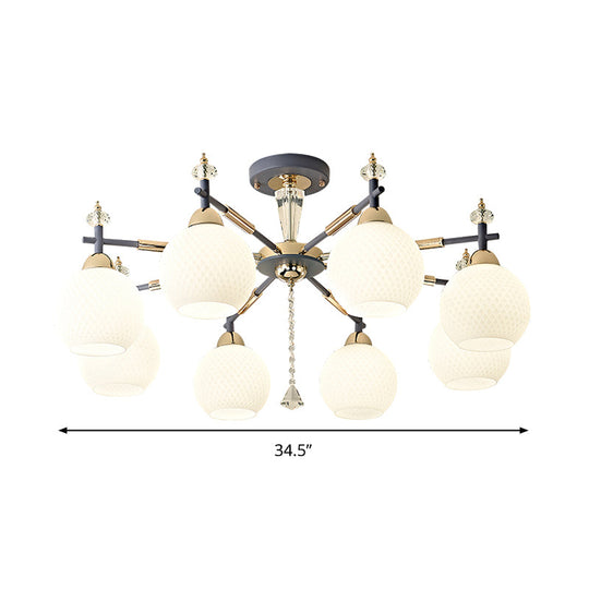 Modern Grey Pendant Chandelier With Milk Glass Shades - 8 Bulb Living Room Lighting Fixture