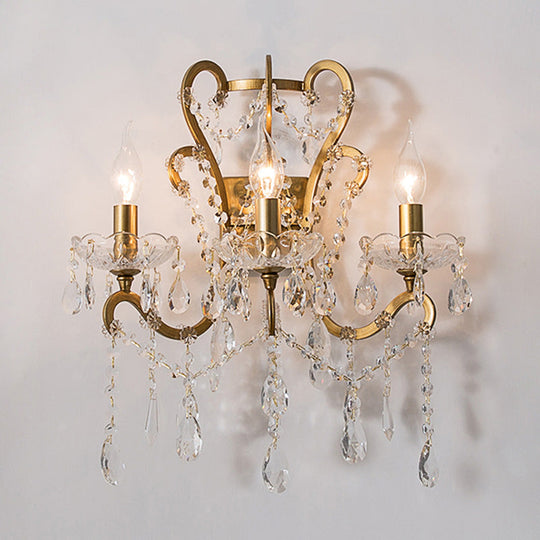 Rustic Metal Bedroom Wall Sconce With Crystal Accent And 3 Bulbs Gold