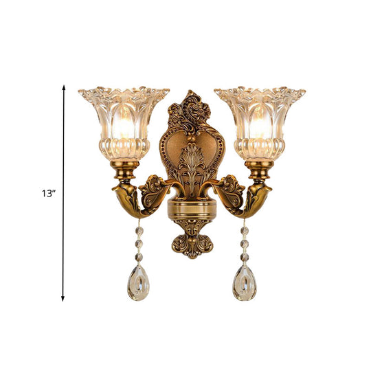 Vintage Floral Wall Sconce With Beveled Crystal Prism And Brass Finish