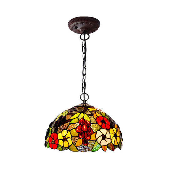 2-Light Domed Ceiling Chandelier With Stained Glass Tiffany Pendant Lighting In Red Green And Purple