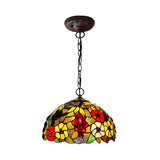 Tiffany Stained Glass Chandelier - 2-Light Domed Ceiling Pendant In Red/Green/Purple