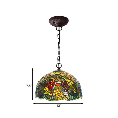 8/12 Dome Green Stained Glass Hanging Light - Mediterranean Style Bronze Accent Pendant