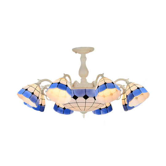 Tiffany - Style Semi Flush Ceiling Lamp: Grid Patterned Blue Cut Glass - Ideal For Living Room