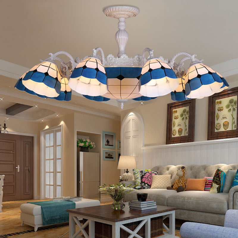 Tiffany - Style Semi Flush Ceiling Lamp: Grid Patterned Blue Cut Glass - Ideal For Living Room