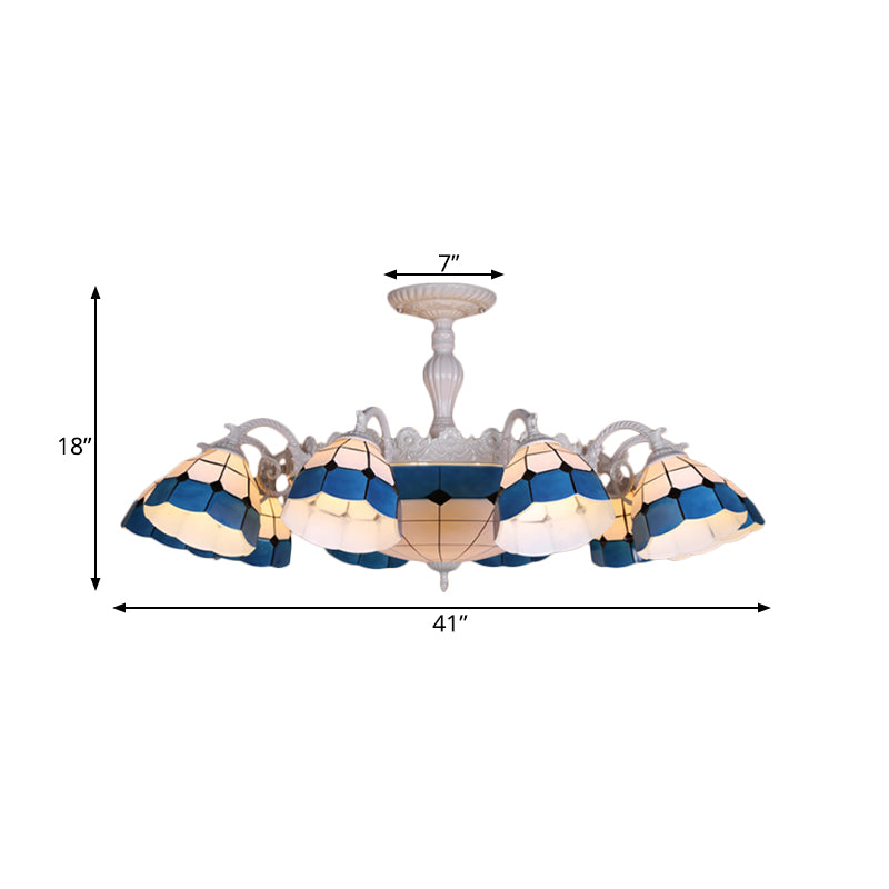 Tiffany - Style Semi Flush Ceiling Lamp: Grid Patterned Blue Cut Glass - Ideal For Living Room