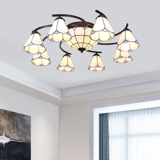 Dome/Conical Semi Flush Mount Mediterranean Ceiling Lamp - 11 Lights White/Blue Glass Ideal For