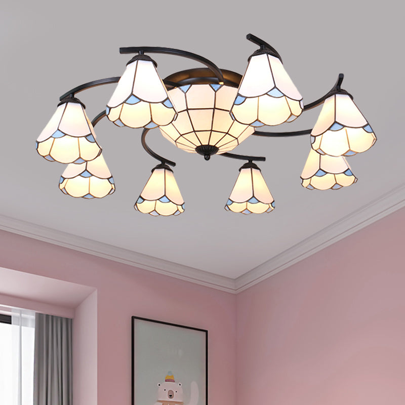 Dome/Conical Semi Flush Mount Mediterranean Ceiling Lamp - 11 Lights White/Blue Glass Ideal For