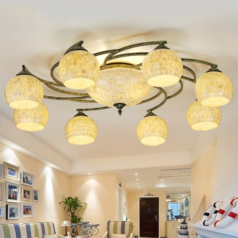 Shell Globe Semi Flush Ceiling Light - Mediterranean Style White/Colorful Lighting Fixture For
