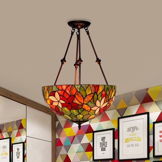 Victorian Stained Glass Ceiling Light With 3 Blossom Semi-Flush Mount Lights In Red/Orange/Green For