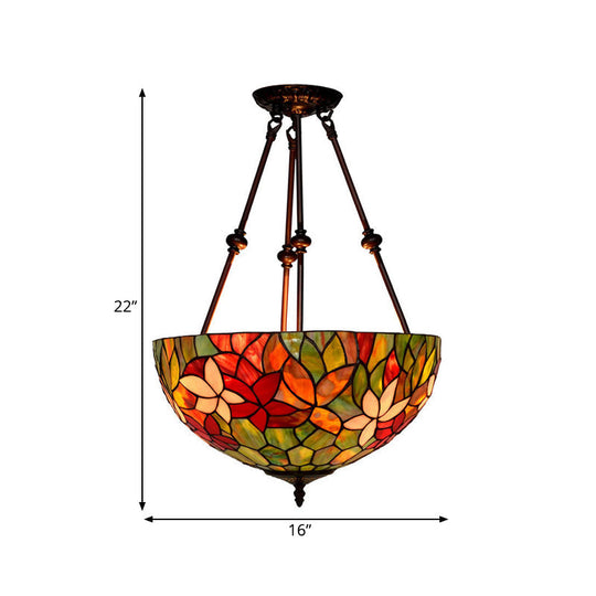 Victorian Stained Glass Ceiling Light With 3 Blossom Semi-Flush Mount Lights In Red/Orange/Green
