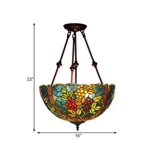 Victorian Stained Glass Ceiling Light With 3 Blossom Semi-Flush Mount Lights In Red/Orange/Green