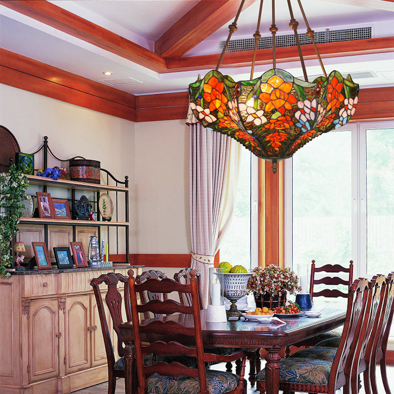 Victorian Stained Glass Ceiling Light With 3 Blossom Semi-Flush Mount Lights In Red/Orange/Green For