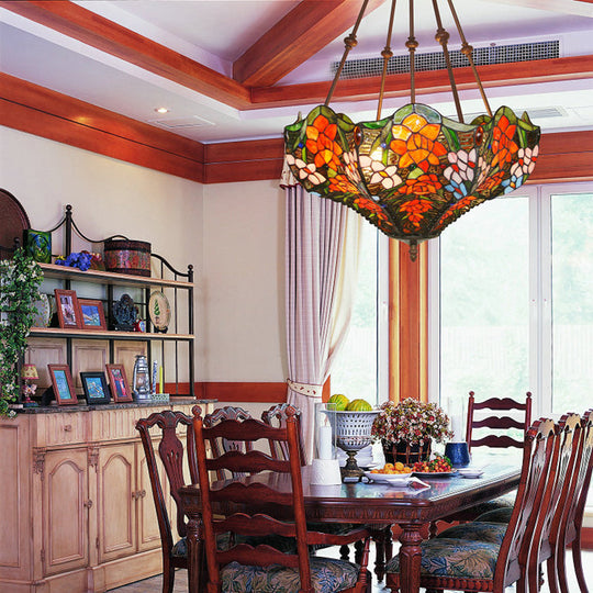Victorian Stained Glass Ceiling Light With 3 Blossom Semi-Flush Mount Lights In Red/Orange/Green For