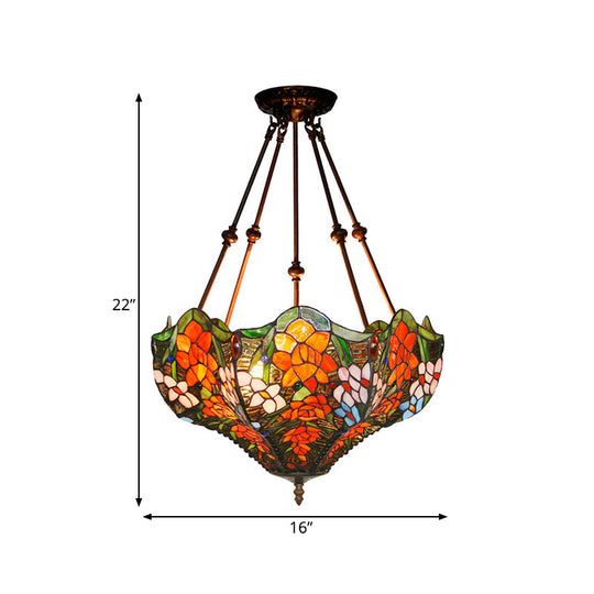 Victorian Stained Glass Ceiling Light With 3 Blossom Semi-Flush Mount Lights In Red/Orange/Green For