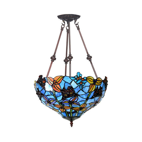 Tiffany Style Flower Cut Glass Semi Mount Ceiling Flush Light - Red/Orange/Blue 2 Lights Bronze