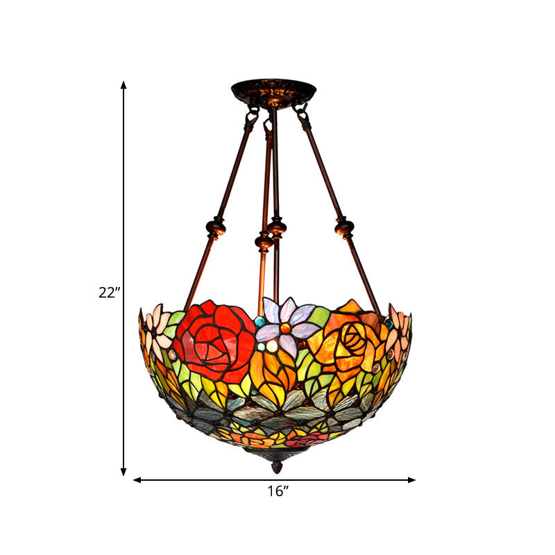 Victorian Bronze Ceiling Light Fixture With Stained Glass Dome Shade - 2-Light Semi Flush For