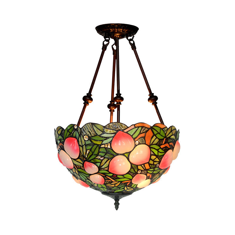 Victorian Bronze Ceiling Light Fixture With Stained Glass Dome Shade - 2-Light Semi Flush For