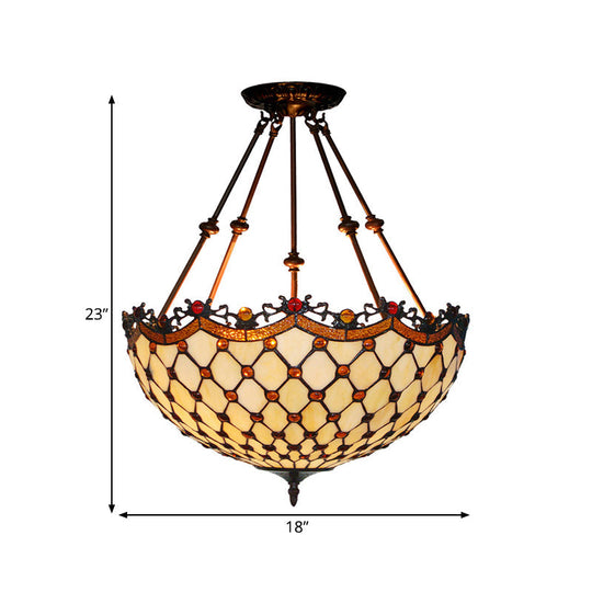 Beige Glass Semi Flush Tiffany Style Ceiling Mount With Beaded Accents - 16’/18’ Wide 2-Light