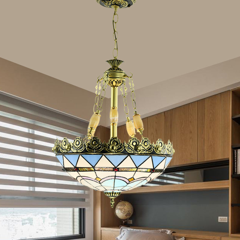 Mediterranean Domed Stained Glass Chandelier: 3/4 Lights Yellow/Blue Kitchen Pendant Light Kit