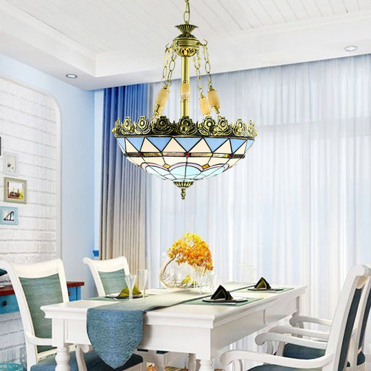 Mediterranean Domed Stained Glass Chandelier: 3/4 Lights Yellow/Blue Kitchen Pendant Light Kit