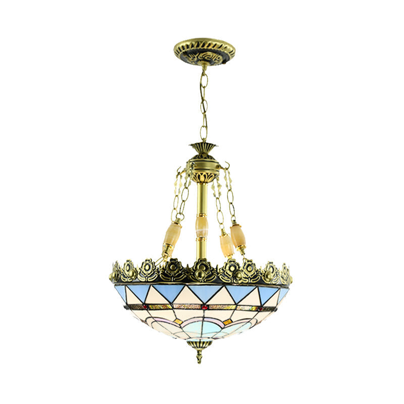 Mediterranean Domed Stained Glass Chandelier: 3/4 Lights Yellow/Blue Kitchen Pendant Light Kit