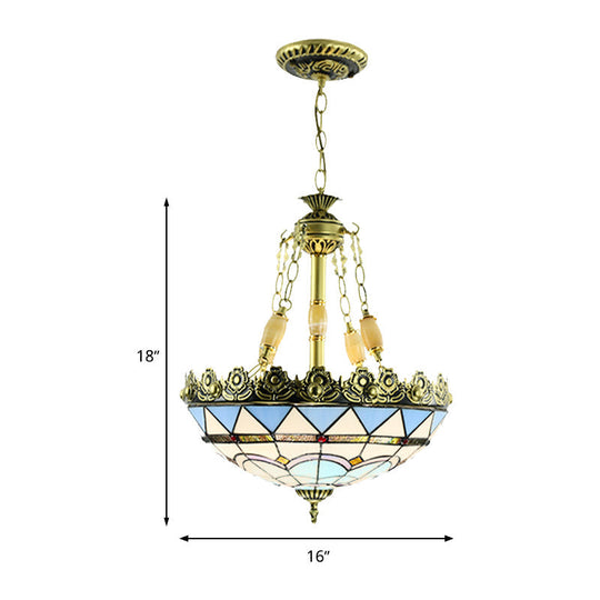 Mediterranean Stained Glass Chandelier - 3/4 Lights Yellow/Blue 12’/16’ W Kitchen Hanging Light Kit