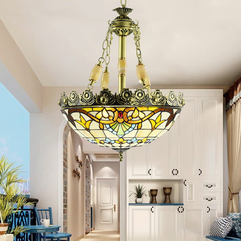 Mediterranean Stained Glass Chandelier - 3/4 Lights Yellow/Blue 12’/16’ W Kitchen Hanging Light