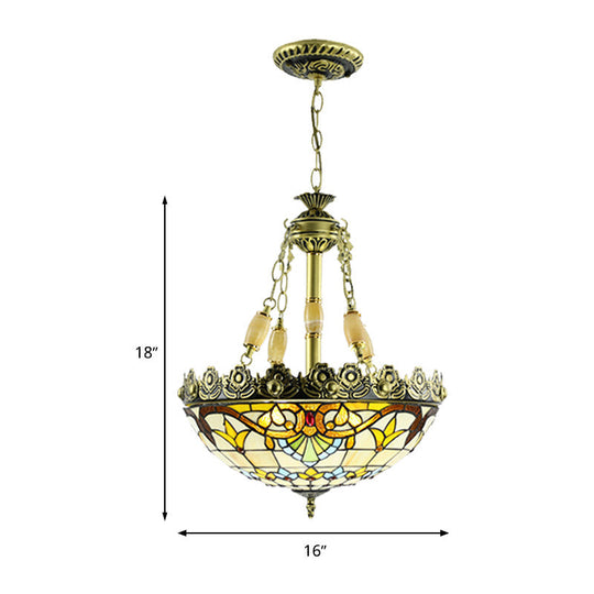 Mediterranean Domed Stained Glass Chandelier: 3/4 Lights Yellow/Blue Kitchen Pendant Light Kit