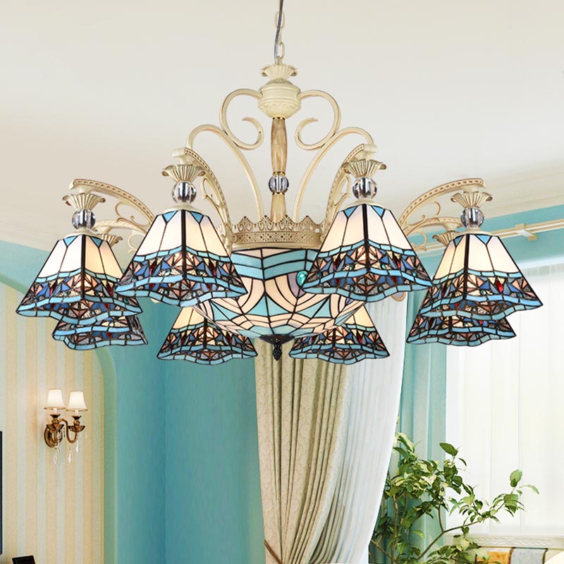 Blue Stained Glass Chandelier - 11-Light Pyramid Baroque Ceiling Lamp