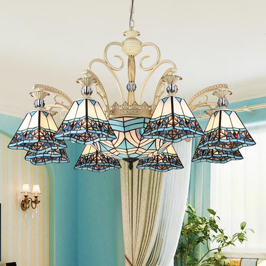 Blue Stained Glass Chandelier - 11-Light Pyramid Baroque Ceiling Lamp