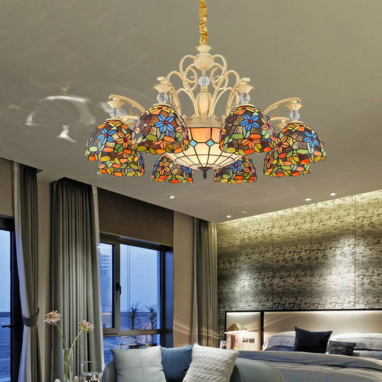 Floral Chandelier Lighting - Mediterranean Stained Art Glass Pendant Light Kit (6/9/11 Lights) In