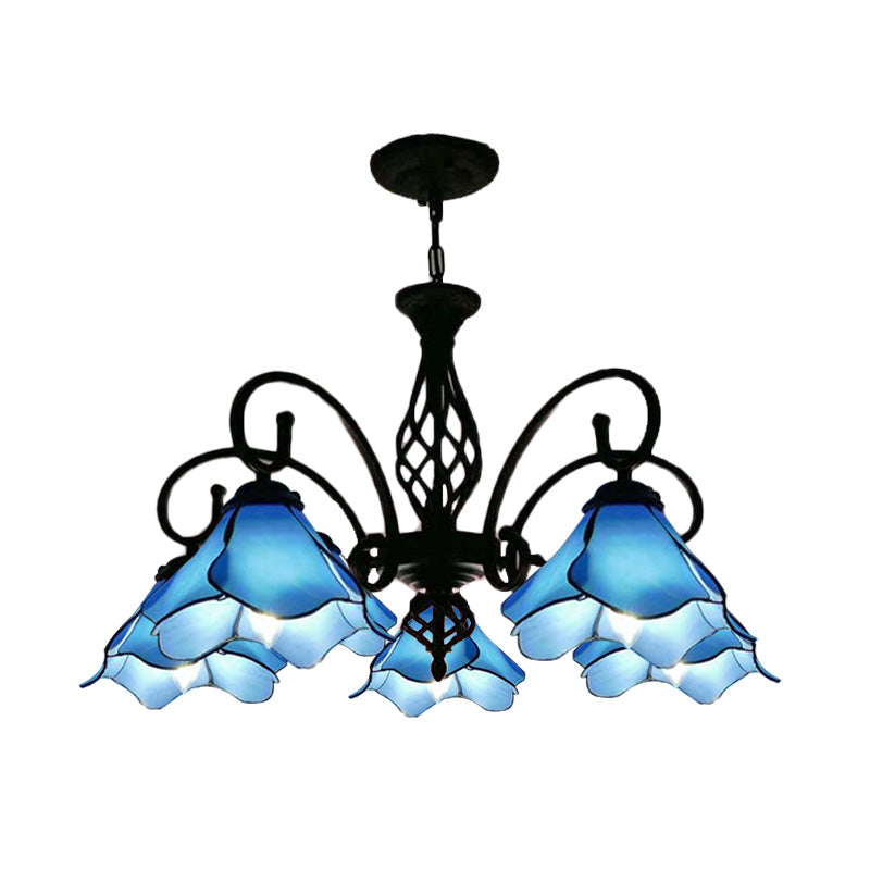 Tiffany Glass Petal Chandelier Light Fixture - 5/8 Lights With Black Ceiling Pendant For Bedroom In