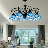 Tiffany Glass Petal Chandelier Light Fixture - 5/8 Lights With Black Ceiling Pendant For Bedroom In