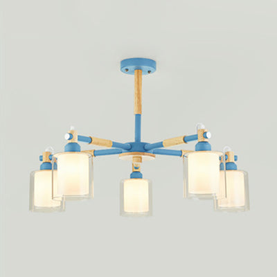 Kid Bedroom Pendant Light Fixture With 5 Bulbs - Simple Style Metal Cylinder Hanging Lights Blue