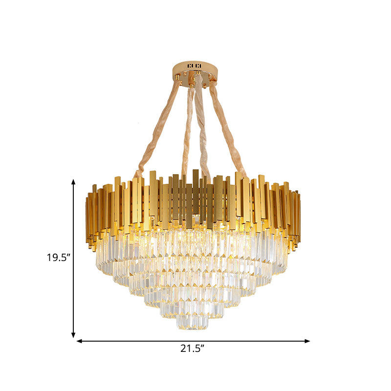 Modern Brass Hanging Light Fixture: Layered Multi-Light Chandelier With Crystal Block