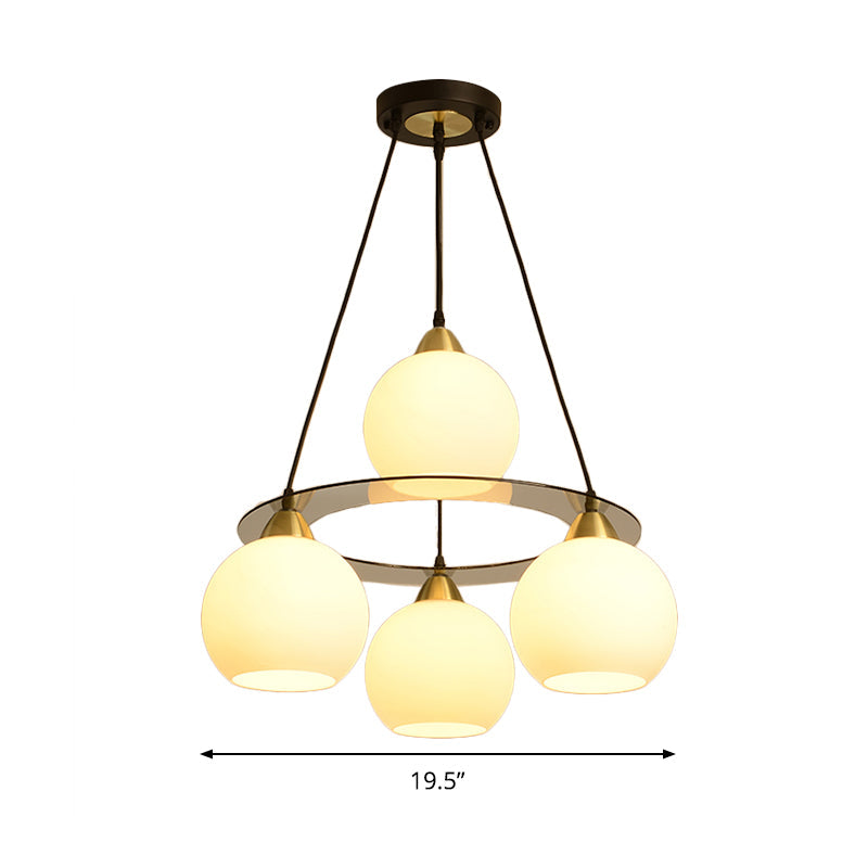 Modern 4-Head Chandelier Light: Black & Gold Spherical Ceiling Lamp With Opal Glass Shade