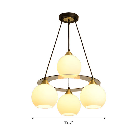 Modern 4-Head Chandelier Light: Black & Gold Spherical Ceiling Lamp With Opal Glass Shade