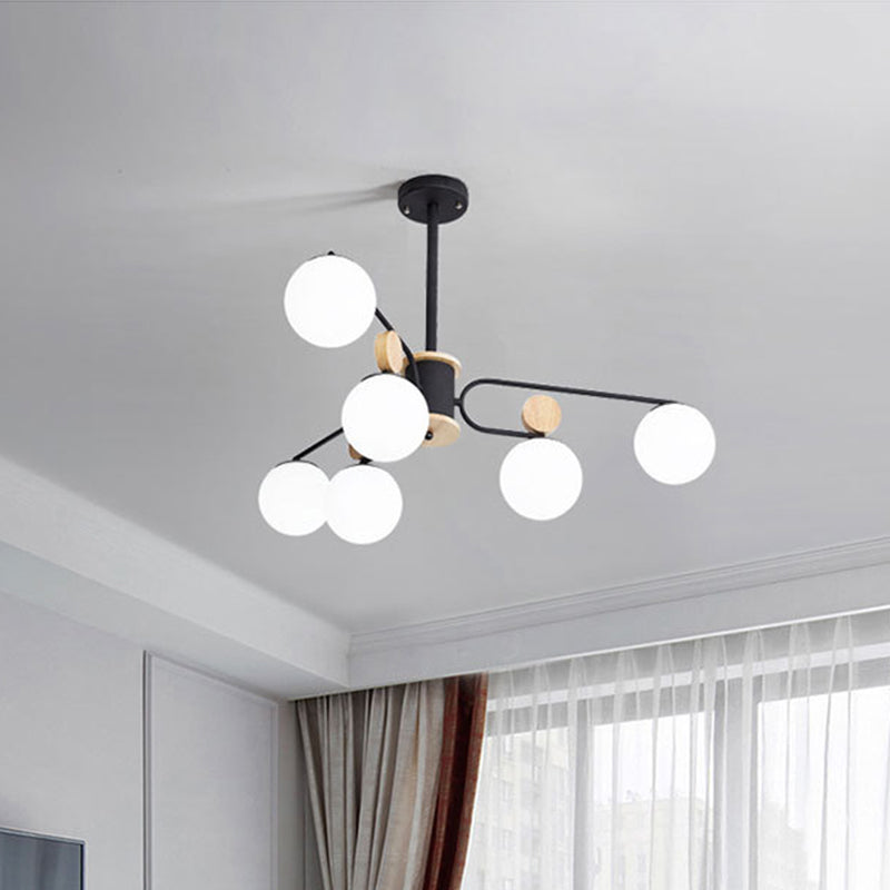 Modernist Milk Glass Round Pendant Chandelier In Black - Ceiling Light With 6/8 Hanging Heads