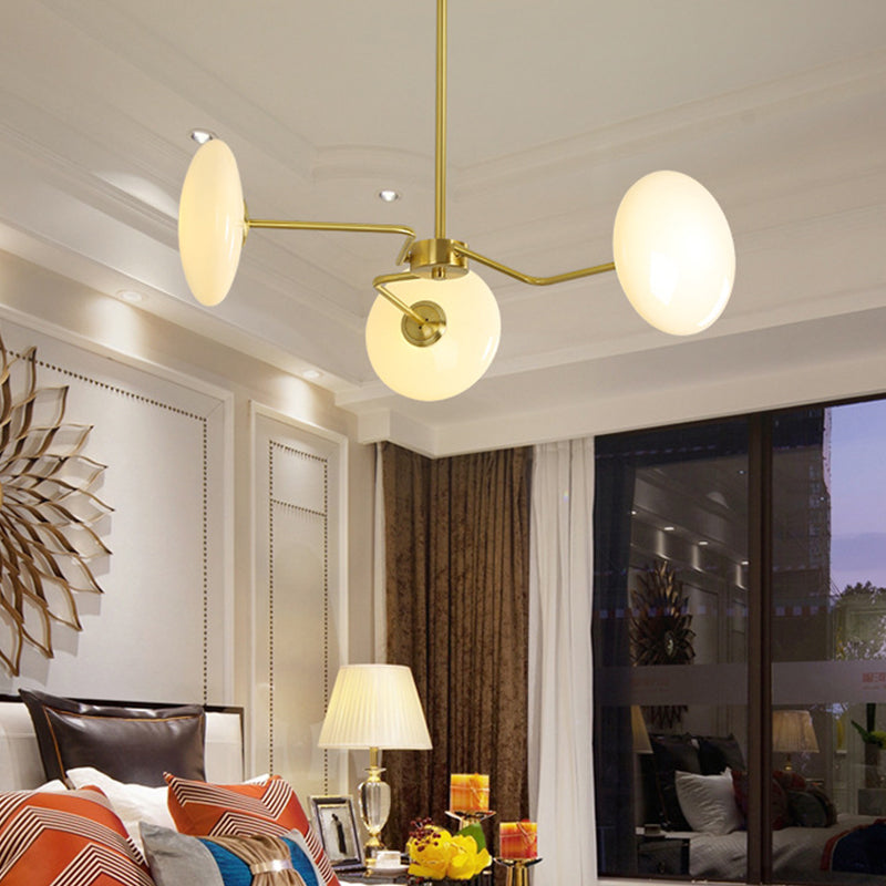 Contemporary Gold Ceiling Chandelier With Opal Glass - 3-Light Hanging Pendant