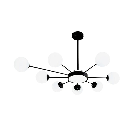 Modern White Glass Round Chandelier With 8 Black Pendant Lights