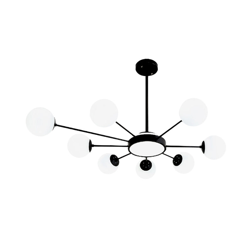 Modern White Glass Round Chandelier With 8 Black Pendant Lights