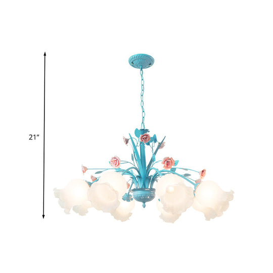 White Glass Chandelier Light - Floral Countryside 8 Bulbs Pendant Lamp For Living Room In Blue