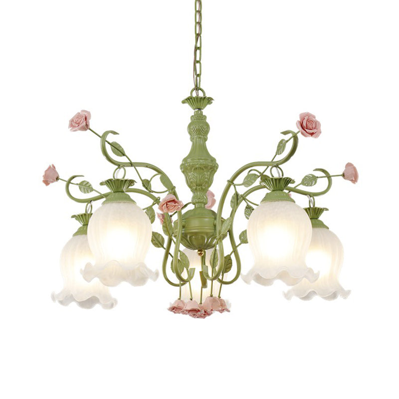 Sandblasted Glass Chandelier - 5 Bulbs Traditional White/Green Floral Design Bedroom Pendant
