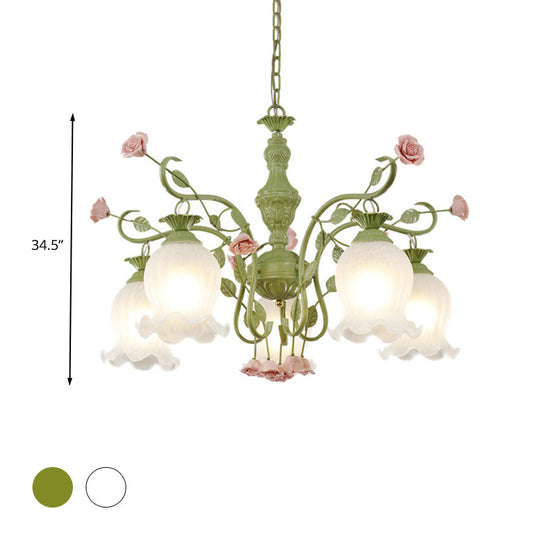 Sandblasted Glass Chandelier - 5 Bulbs Traditional White/Green Floral Design Bedroom Pendant