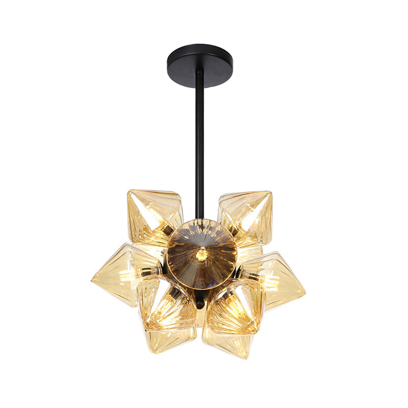 Contemporary Amber Glass Diamond Chandelier: Elegant Pendant Light With 9/12 Bulbs For Living Room