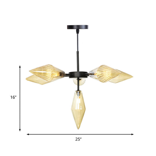 Modern Black Tapered Chandelier Lamp With 6 Amber Glass Heads - Stylish Ceiling Pendant Light