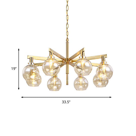 Stylish 8-Head Gold Ball Chandelier With Amber Glass Shade - Modern Ceiling Hanging Light