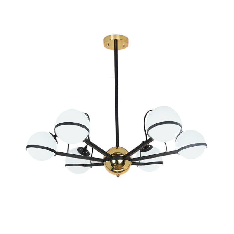 Modernist Round Hanging Chandelier - Frosted White Glass 6/8/10 Bulbs Black Pendant Light Fixture