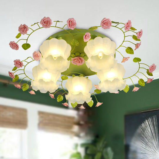 Traditional Green Glass Rose Ceiling Lighting: 5 - Head Bedroom Flush Mount Fixture
